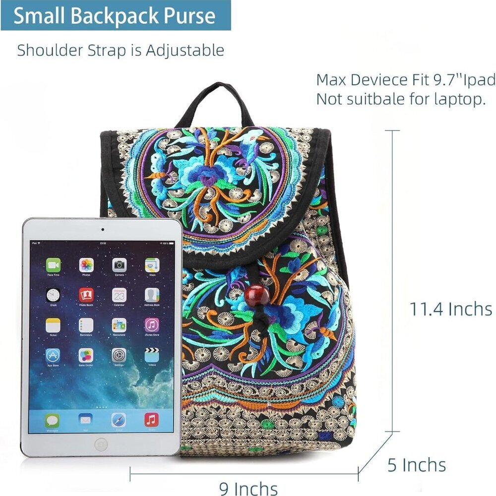 Vintage Embroidered Women Backpack Ethnic Travel Handbag Shoulder Bag, 12x10x5 i - Picture 2 of 7
